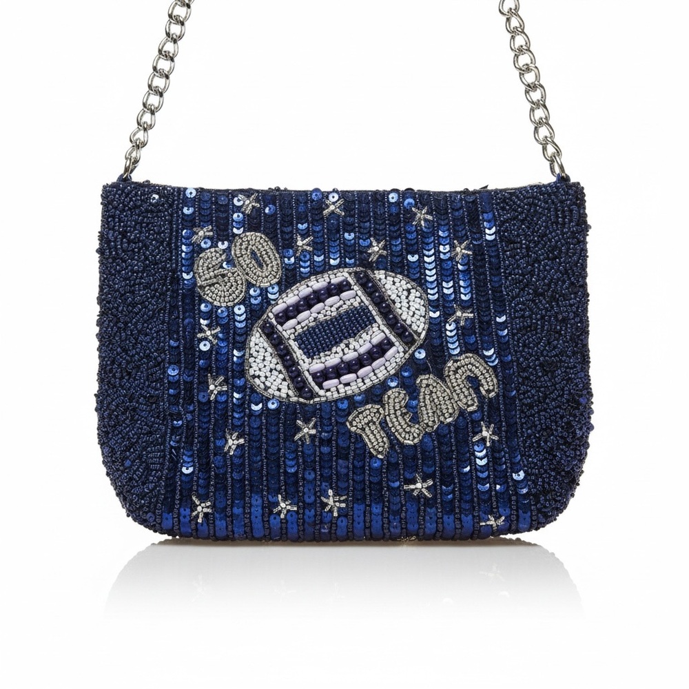 Hand beaded football GO TEAM shoulder bag blue gray silver game day purse NWT